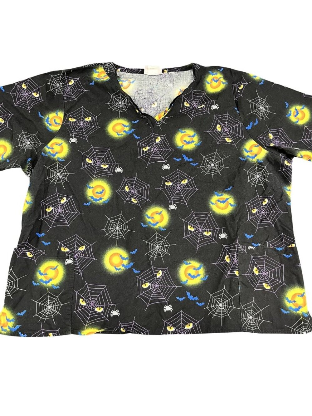 Allheart Halloween Scrub Top 3XL Black Spider Webs Bats & Moon Design V-Neck